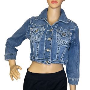L.A. Idol Cropped 3/4 Sleeve Stretchy Denim Bling Gem Jacket Size Large